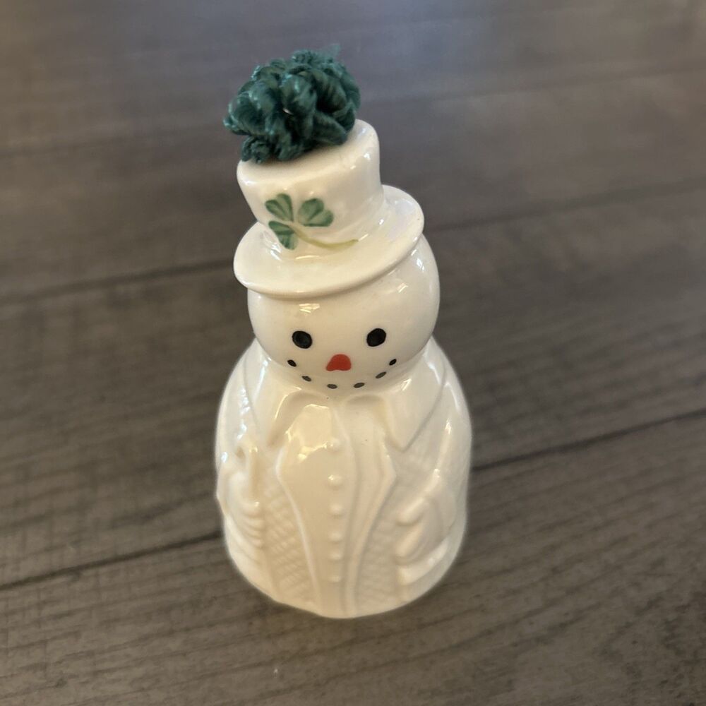 Vintage Belleek Christmas Snowman Bell Ornament